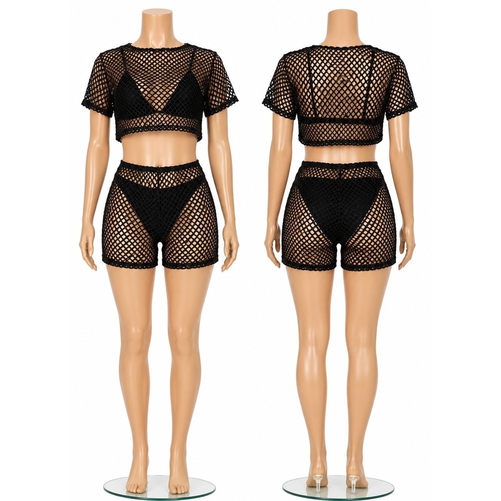 American Leisure Womens Black Fishnet Mesh Crop Top‎ and Shorts Set Size S NEW